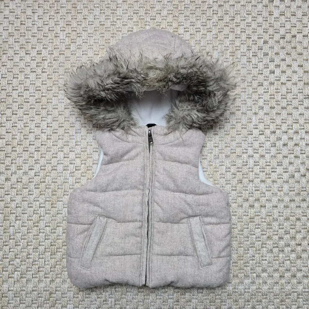 Baby Gap 2T Baby Girl Winter Wool Hooded Fur Puffer Zippered Vest Khaki